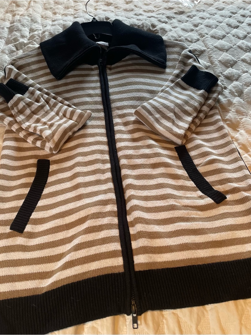 Cabi Striped Zip-Up Sweater Jacket in Beige and Black - Picture 2 of 3